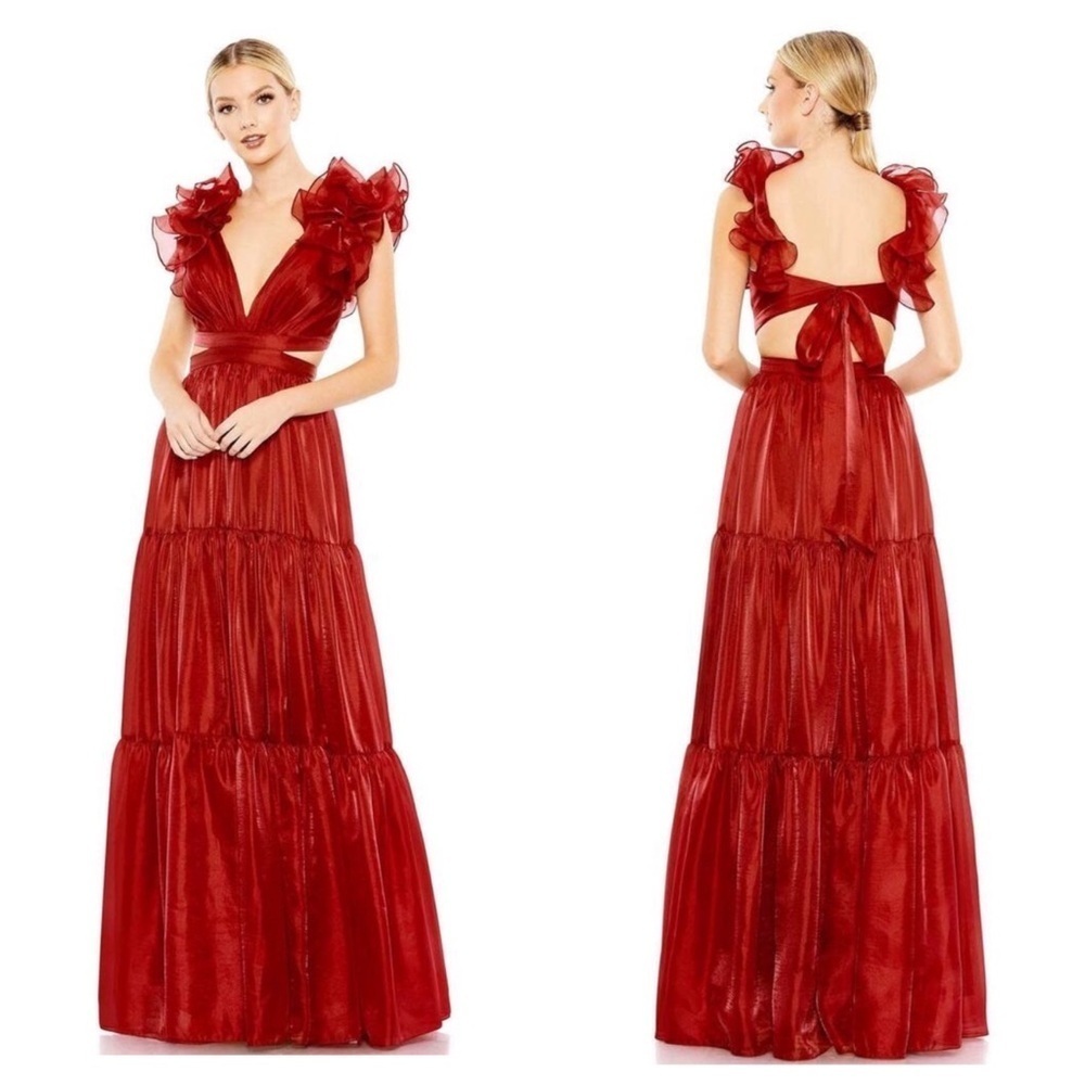 Mac Duggal 49528 Ruffled Shoulder Tiered Evening Dress Wine Red Size 8 NWT